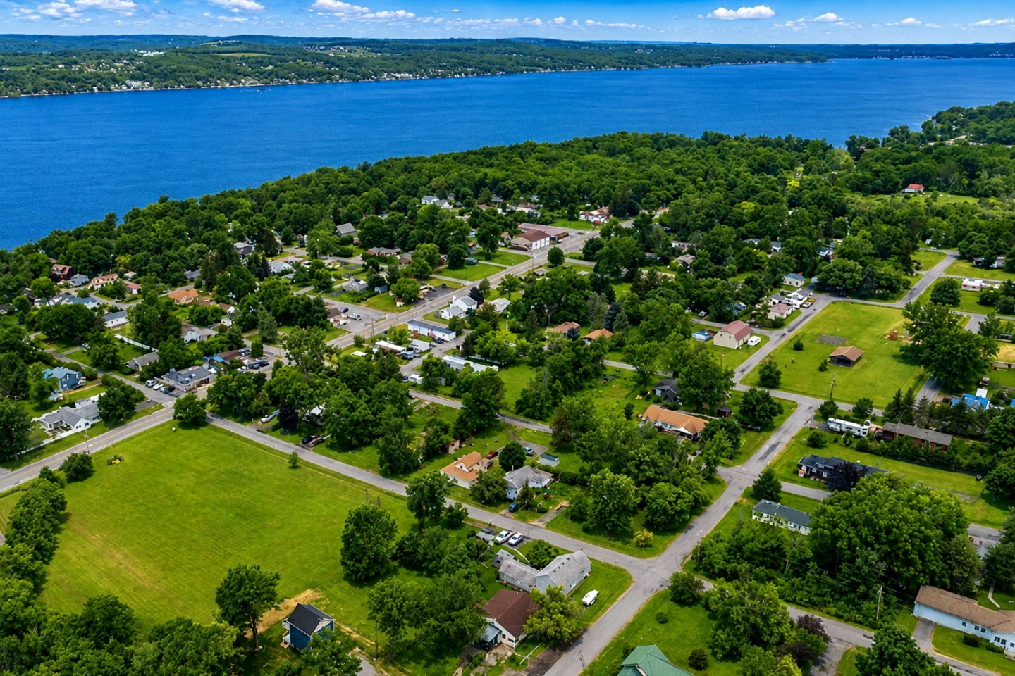 A scenic aerial view of lakeside living—this charming community offers lush greenery, walkable streets and breathtaking Canandaigua Lake. Ideal for those seeking serenity with convenience.