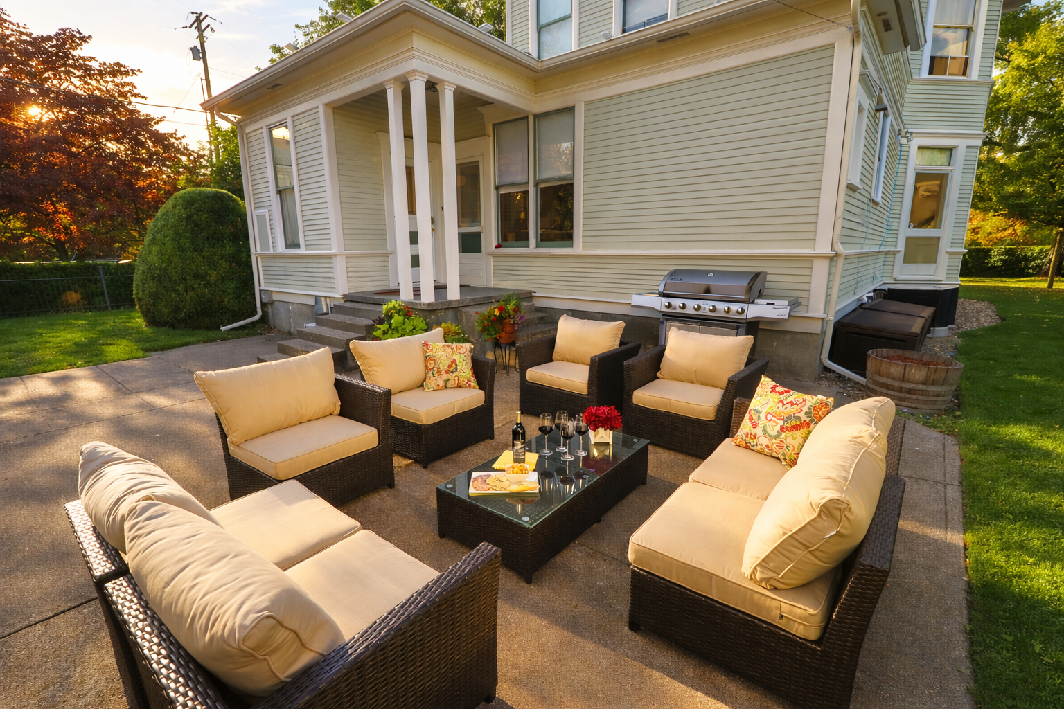 Back patio, surrounded by mature trees and historic charm and equipped with lounge seating and BBQ (propane provided)
