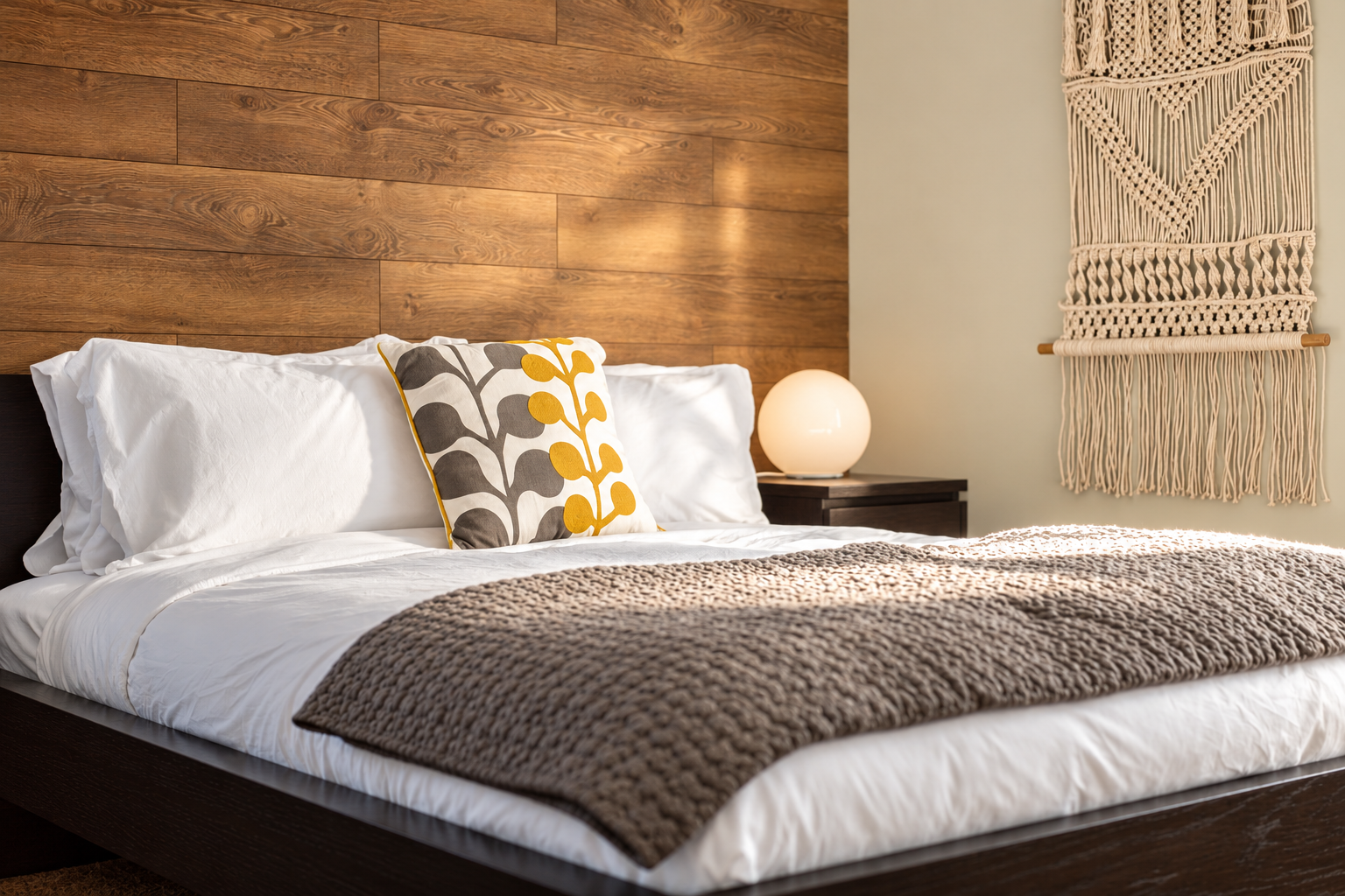 A restful bedroom detail with crisp white bedding, a textured taupe throw and a patterned accent cushion against a warm wood feature wall. A glowing globe bedside lamp and woven wall hanging add soft texture to the sleeping space.