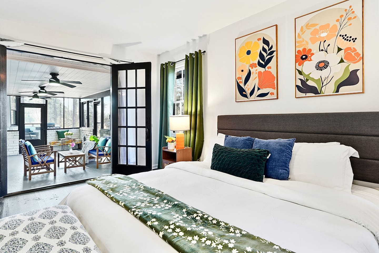 Spacious first-floor master bedroom located to the far right as you enter through the front door. This earthy, calming retreat features a king bed and smart TV. This room includes 2 full-body towels, 2 washcloths, and 2 hand towels for your stay.