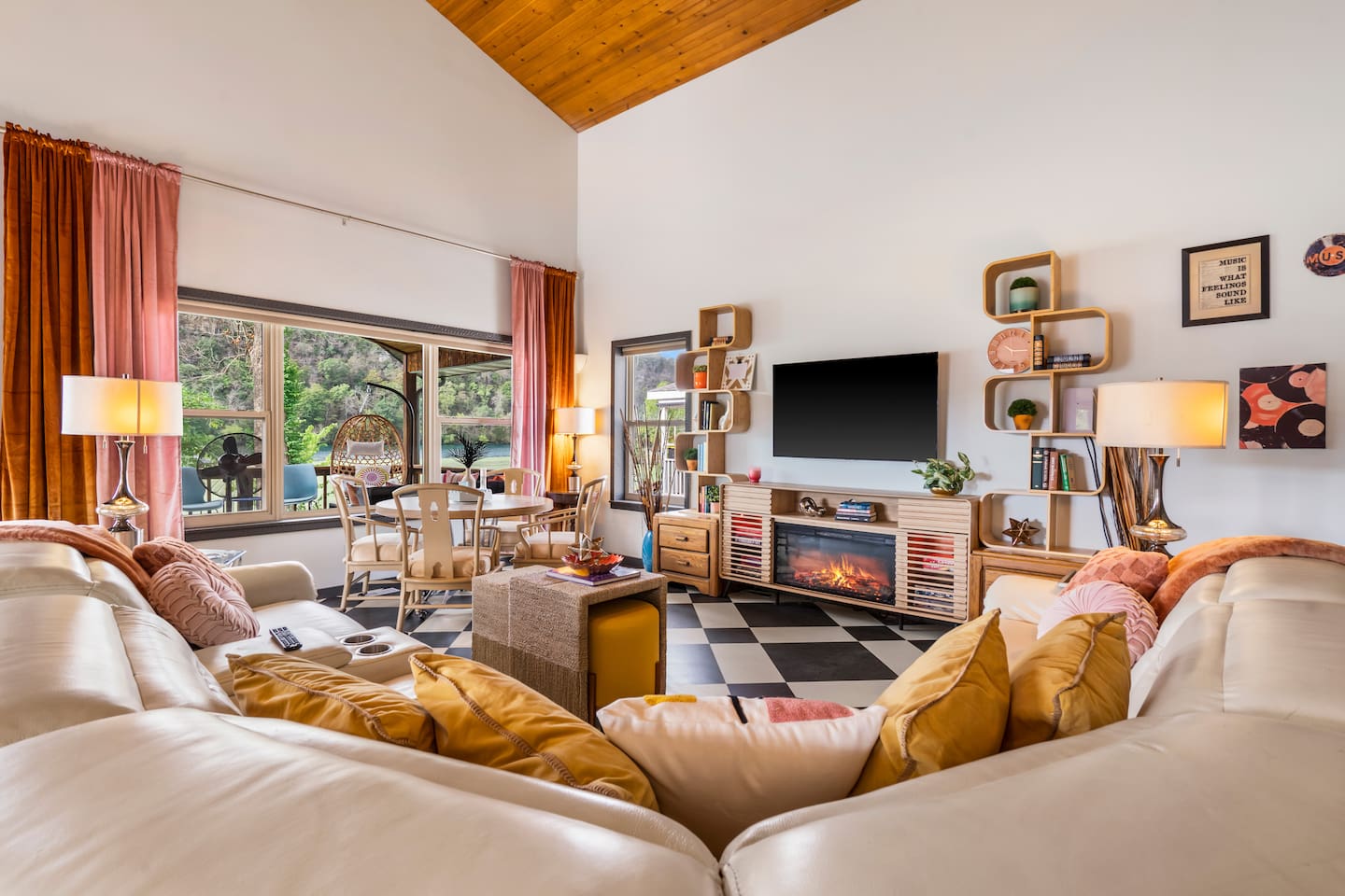 Leather sectional with electric recliners, game table, smart TV and electric fireplace.  Games and karaoke provided.