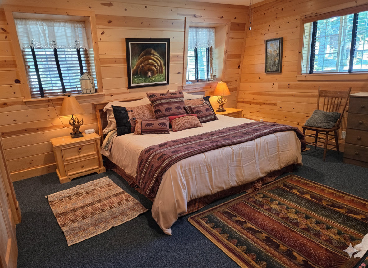 We consider this bedroom to be the master bedroom.  It is upstairs and has an ensuite bathroom.  It has a king size bed, closet, multiple dressers, blinds, night stands with lamps.  The linens are thick and warm for the winter tie and cool mountain nights.