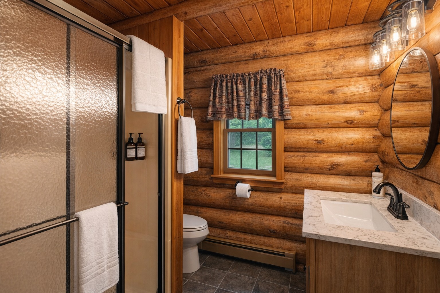 The main floor full bathroom features a standing shower and rustic lodge finishes, just steps from the living room and kitchen