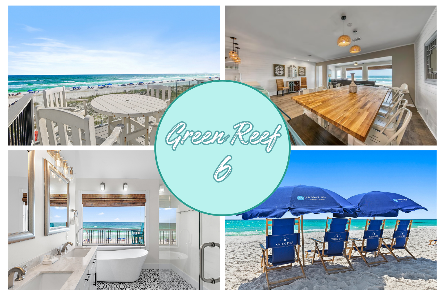 Green Reef 6, Beachfront Bliss, is your Remodeled, 4-bedroom, 5-bathroom beachfront escape in beautiful Destin. Fully Stocked with your very own 21 feet of Private Beach - come and relax!