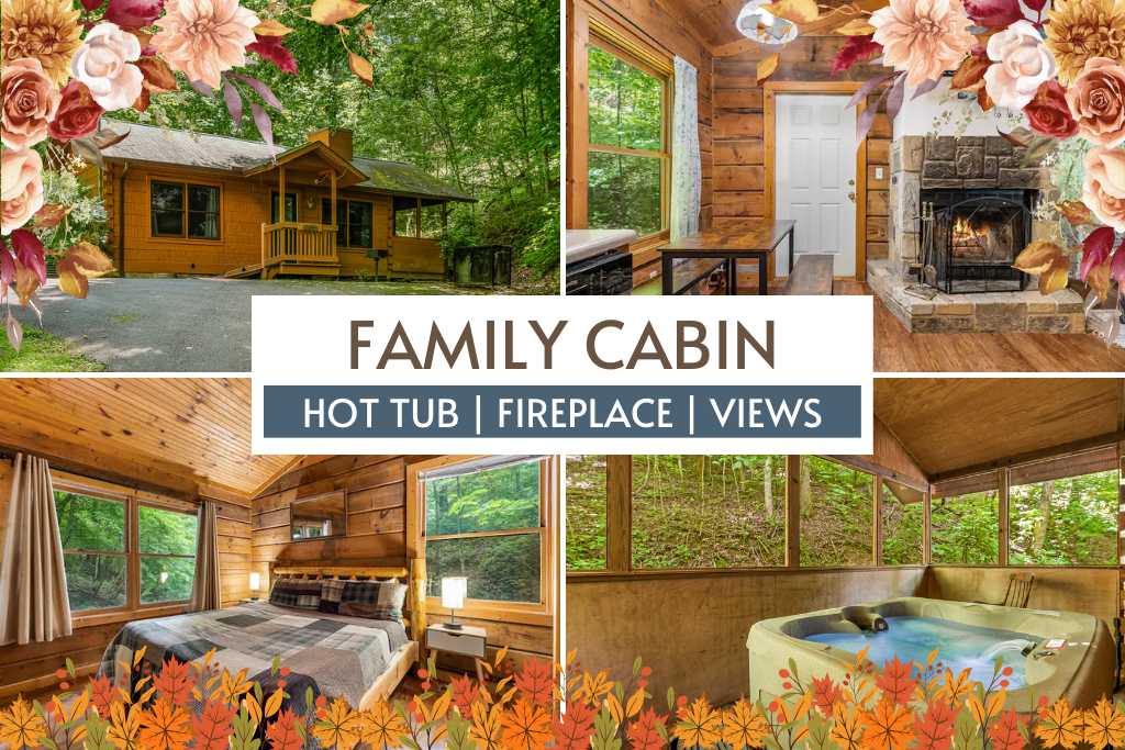 Family cabin retreat with a hot tub, fireplace, and forest views.