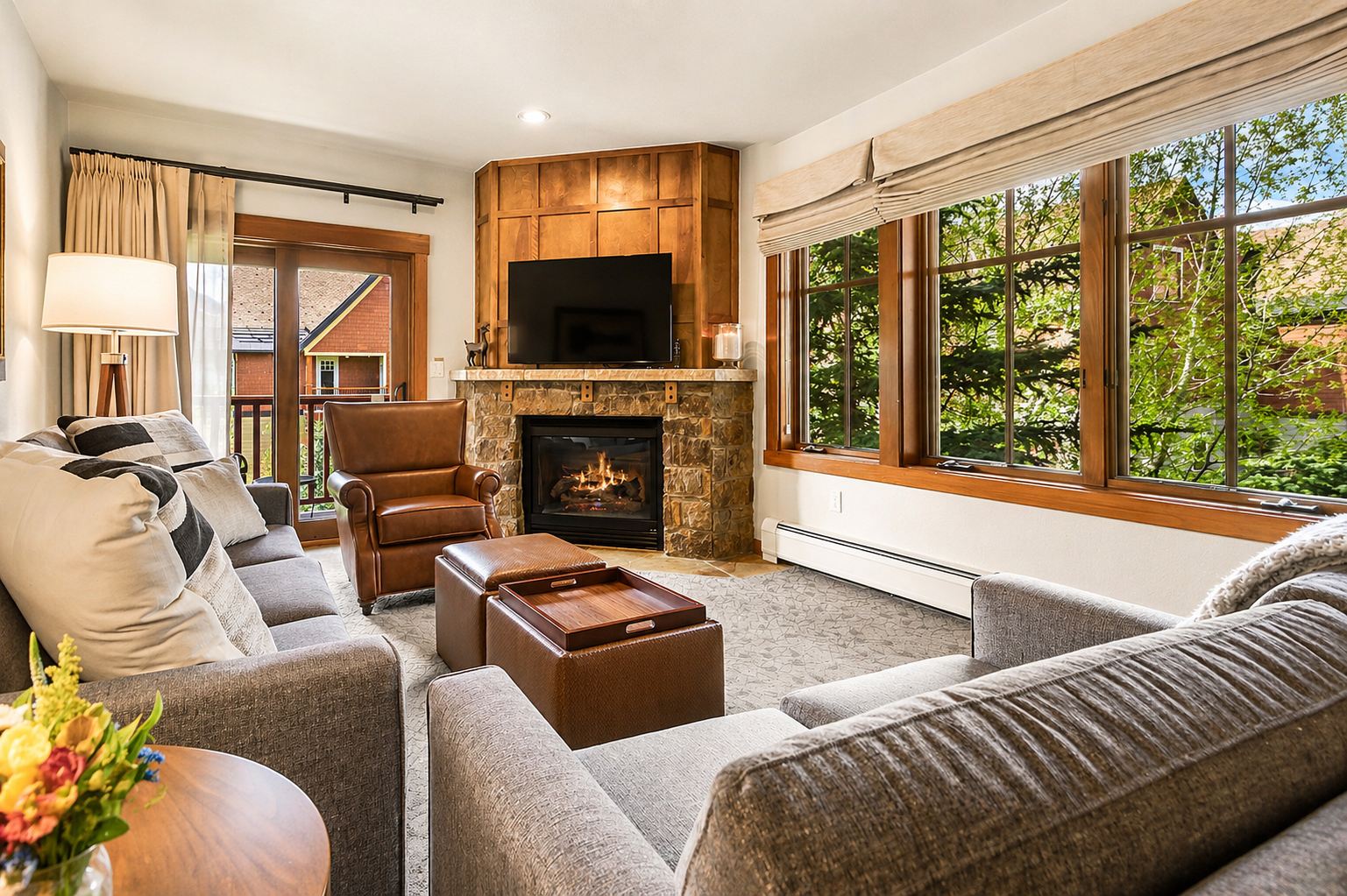 Cozy up by the fireplace after a day on the slopes
