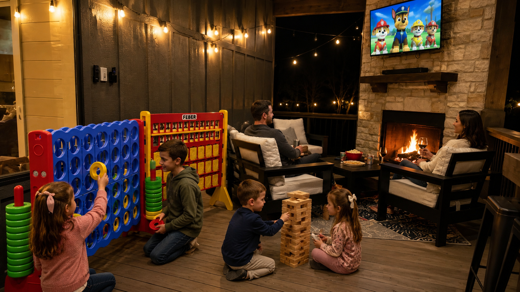 Game Night: Unwind with family games and a crackling fire under twinkling lights!