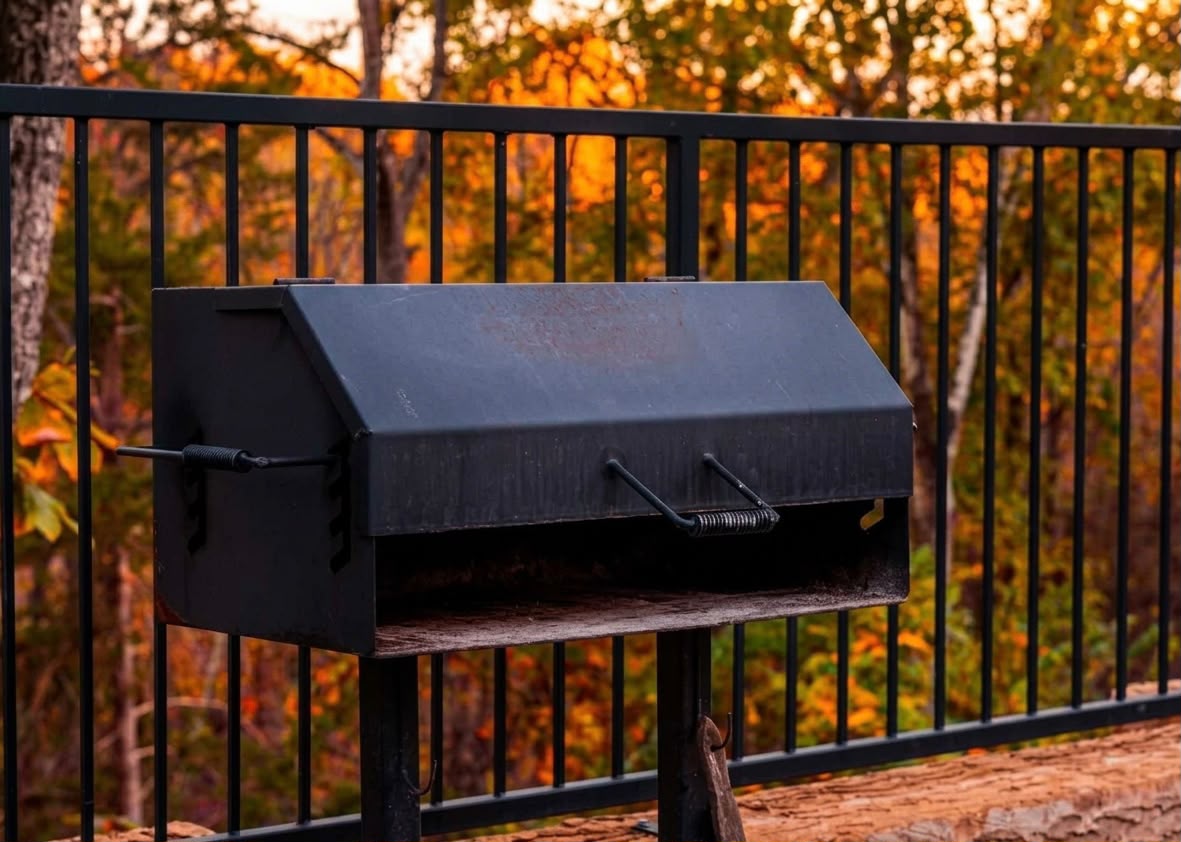 The kitchen extends outdoors to a park-style charcoal grill. BYO charcoal please.