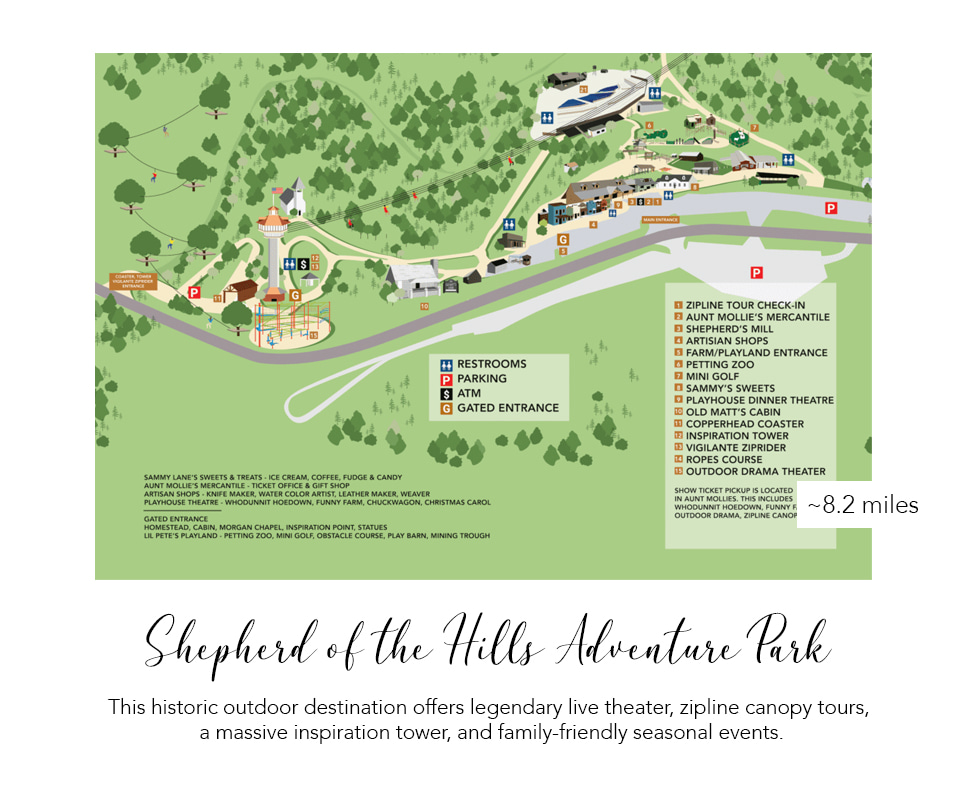 Shepherd of the Hills Adventure Park: ziplines and the Inspiration Tower, about 8 miles.