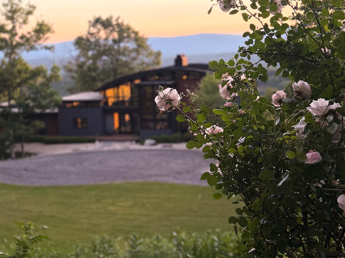 der Biergarten in the evening &mdash; climbing roses, the house and sunset beyond &mdash; Sunset Falls Berkshires