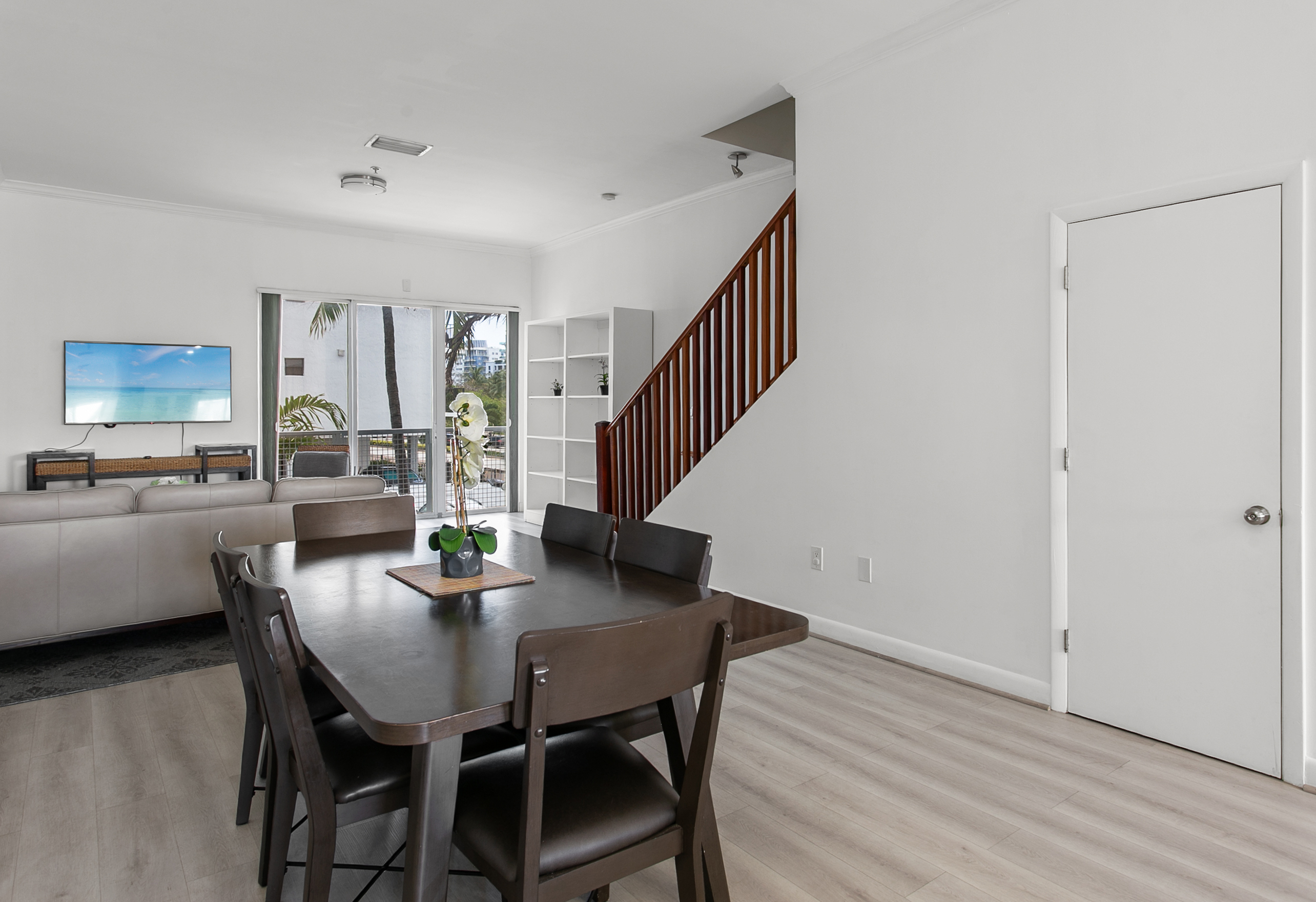 Large dining table with comfortable seating for six