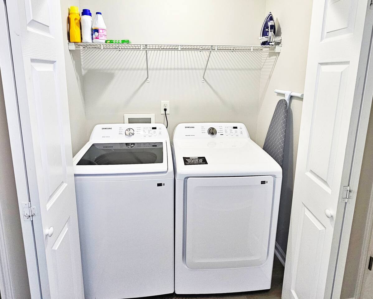 Brand new washer and dryer. You will find an ironing board, iron, and hair dryer here.  Complimentary starter laundry and cleaning supplies are provided. 