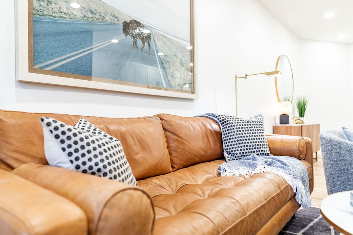 Comfortable couch in the living room, perfect for lounging and relaxing.