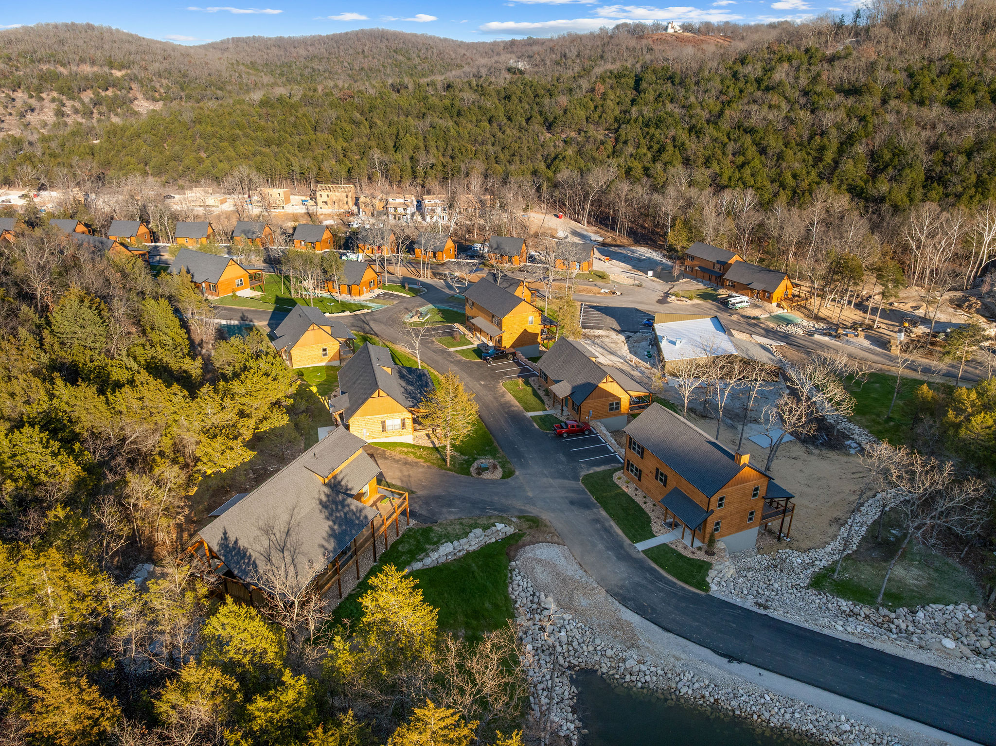 Peaceful roads weaving through the cabin neighborhood.