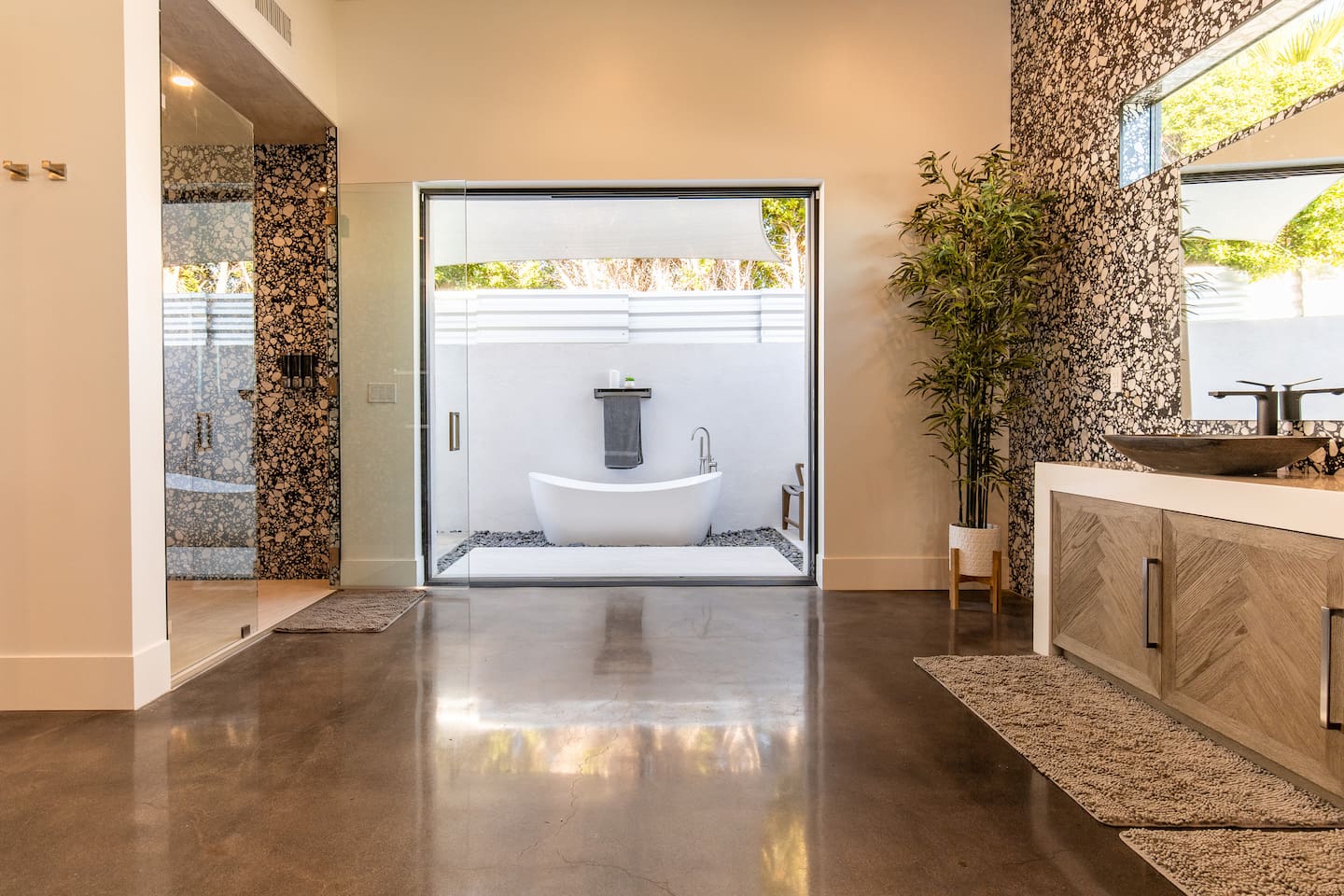 Primary Bath - including private outdoor lounge with bath, shower and seating