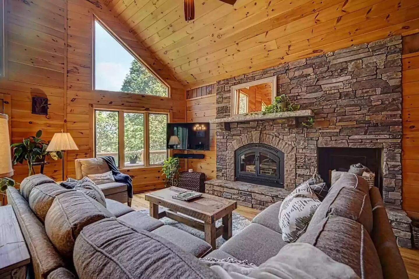 Living room with fireplace and long range views out the windows