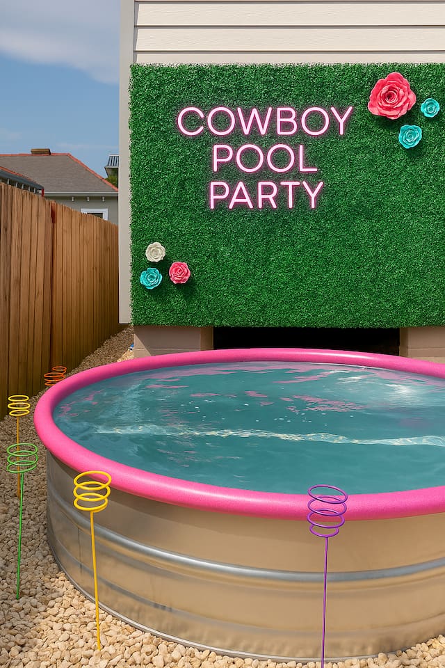 The cowboy pool is a made from an 8-foot diameter stock tank.  It is filtered and lightly chlorinated, and cleaned between each guest. Please note: the "Cowboy Pool Party" neon sign is for display only. 