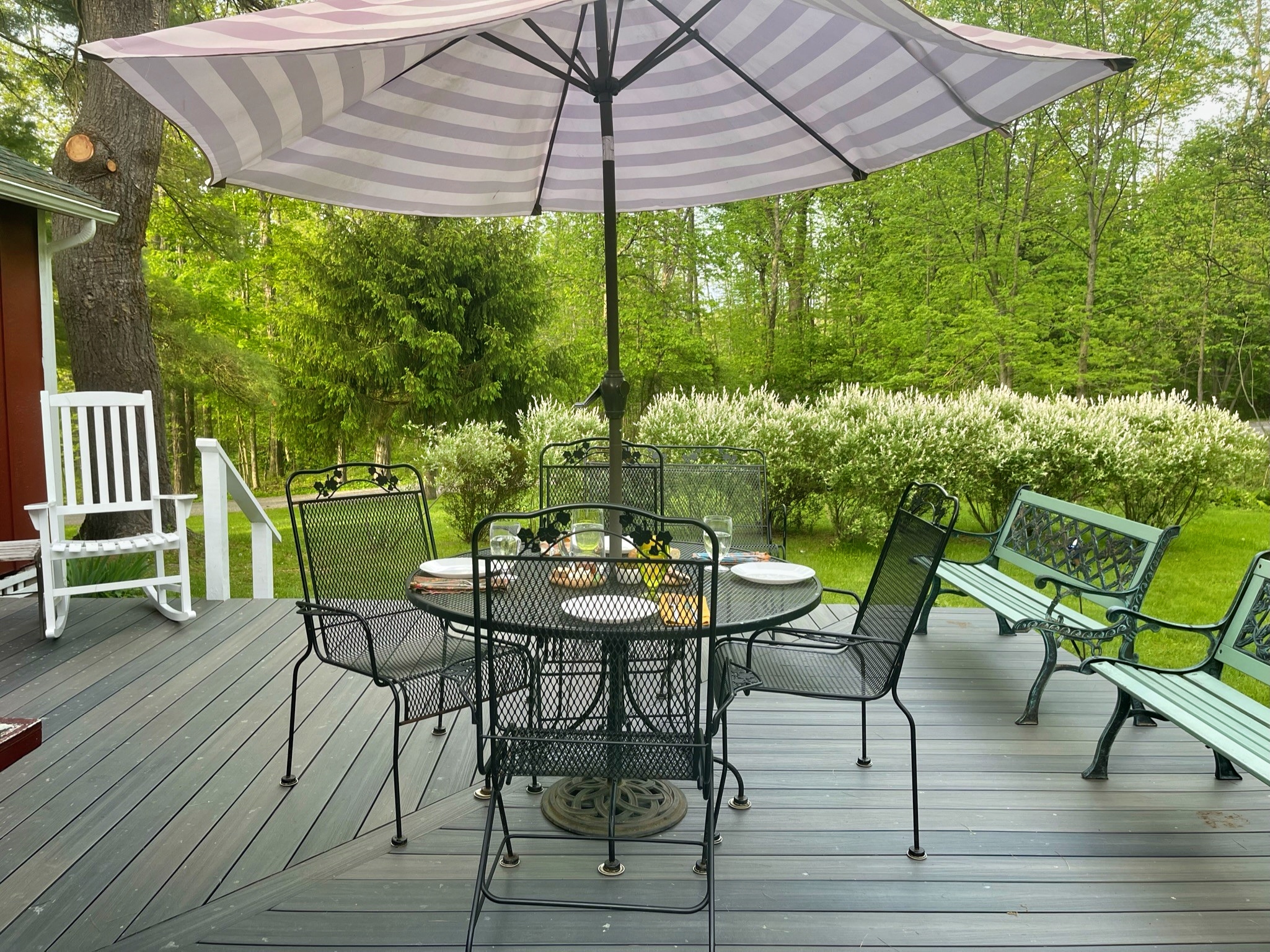 Twin Pines spacious back yard off open deck shared between the 2 units