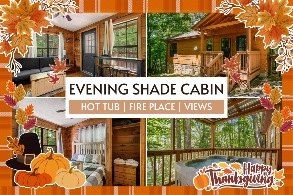 Evening Shade Cabin offers a private getaway with hot tub, fireplace, and serene views.