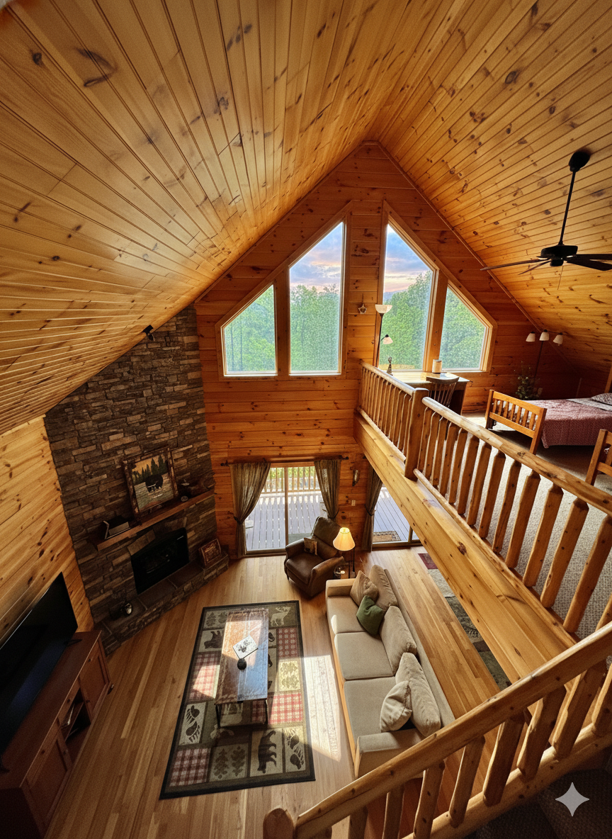 Soaring ceilings and cozy vibes. Your dream cabin awaits.