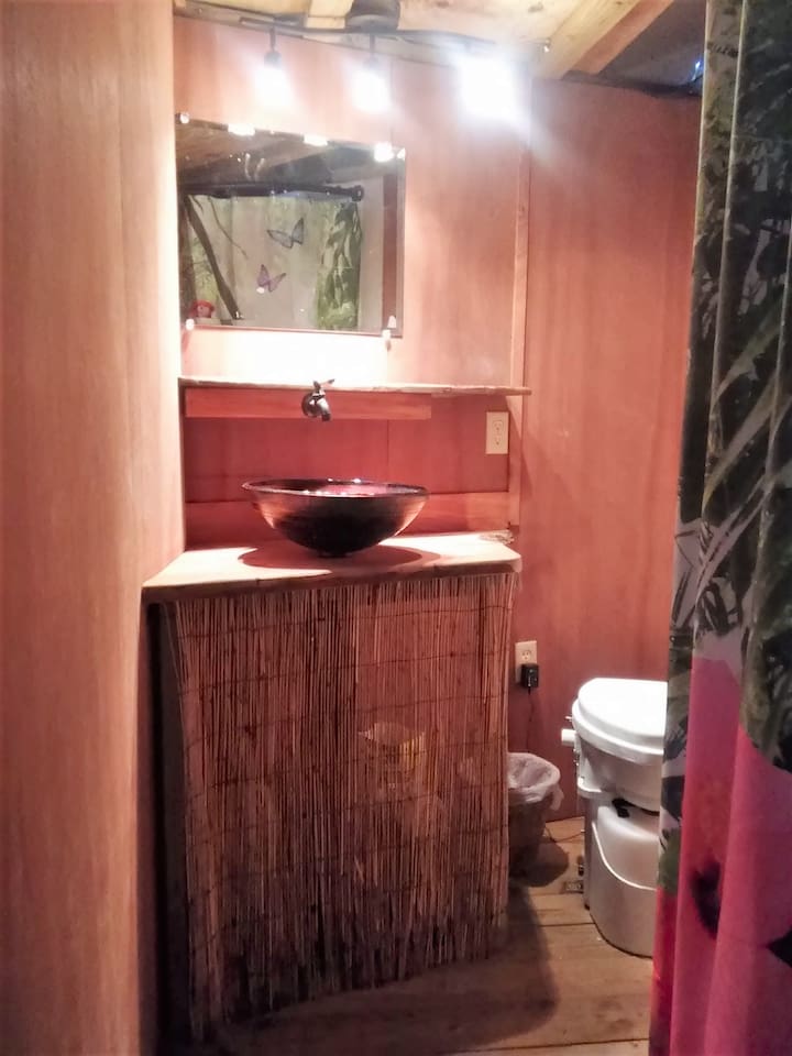 Bathroom with compost toilet, vessel sink, and HOT rain shower. 