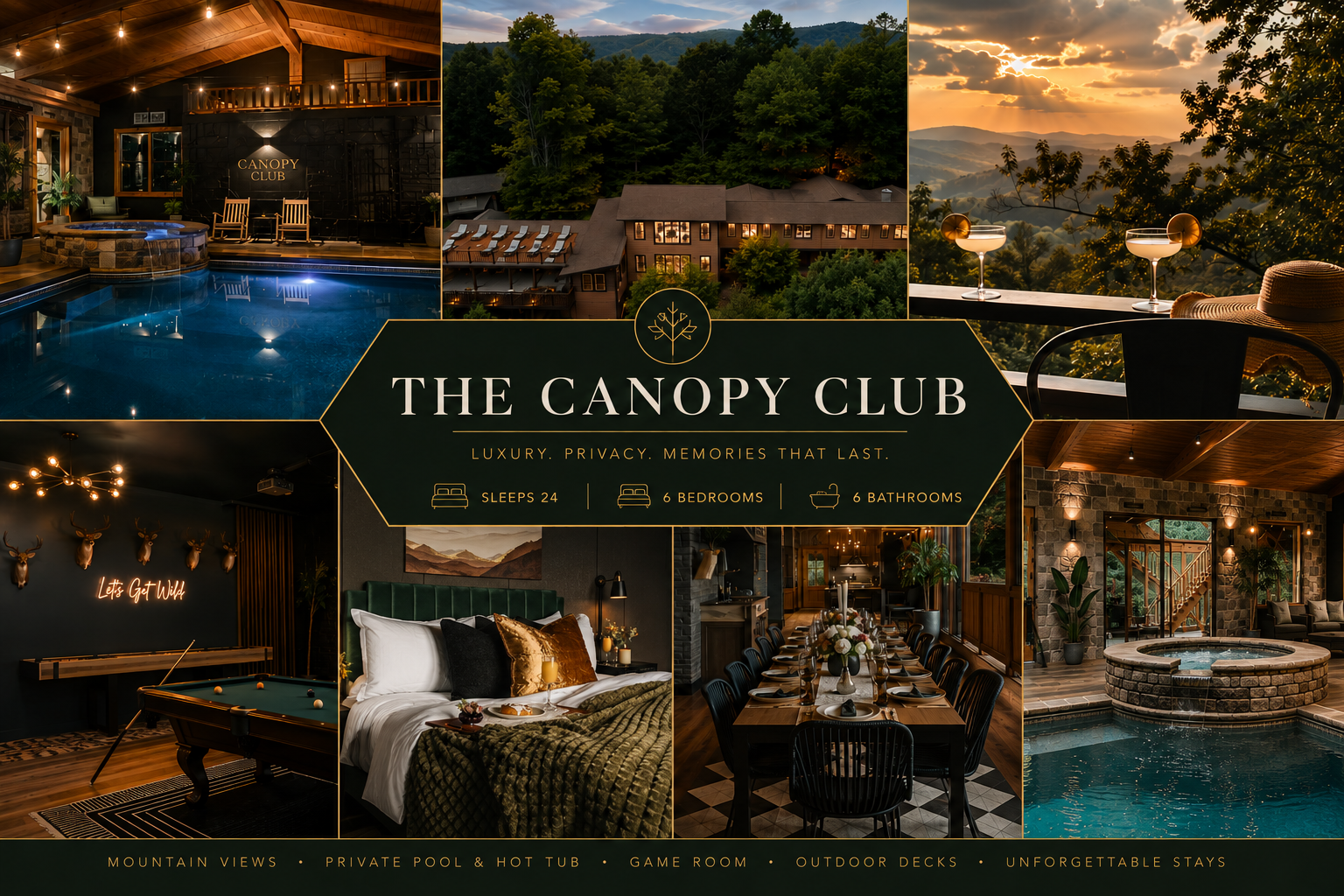 {Canopy Club} Your private Blue Ridge mountain resort—6 bedrooms, 6 bathrooms, sleeps 24, with an indoor pool, hot tub, speakeasy, mountain views, and room for the whole group.