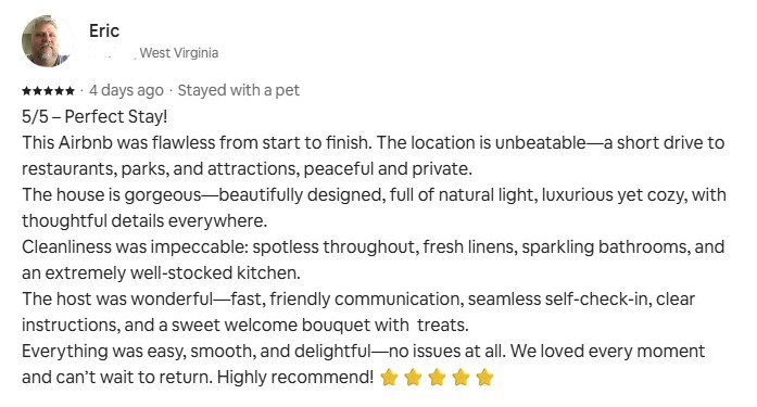 Eric's Five-star Airbnb guest review of his Hilltop Oasis Abingdon vacation stay for his Mom's 80th birthday. And, they brought their pup! March 2026.