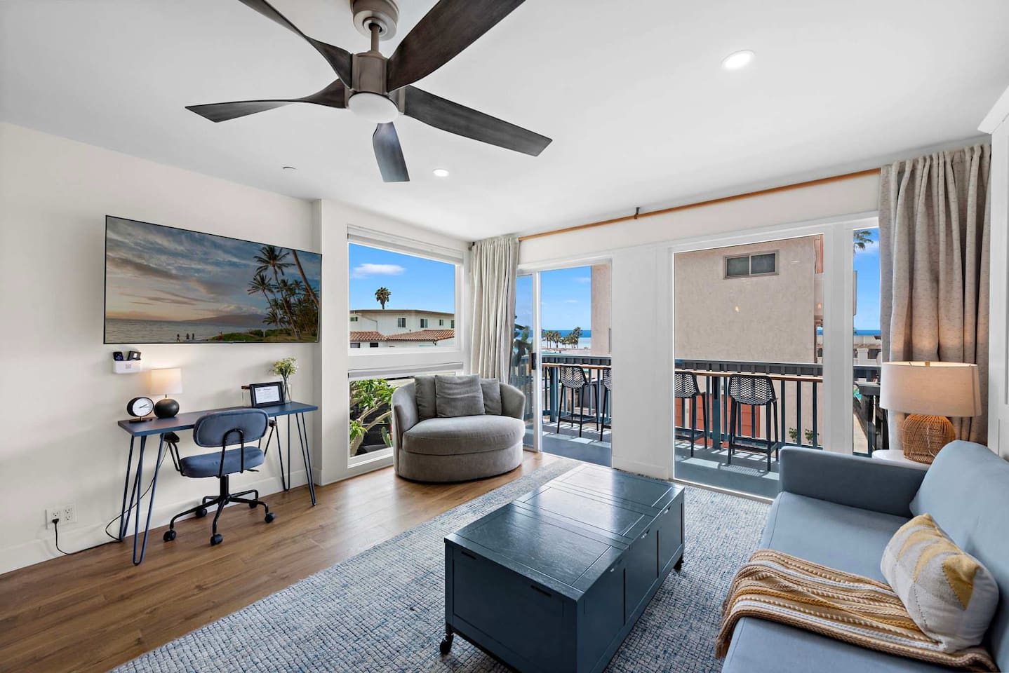 The living room has lots of natural light and extends out to your private ocean-view balcony perfect for happy hour and bbq's.