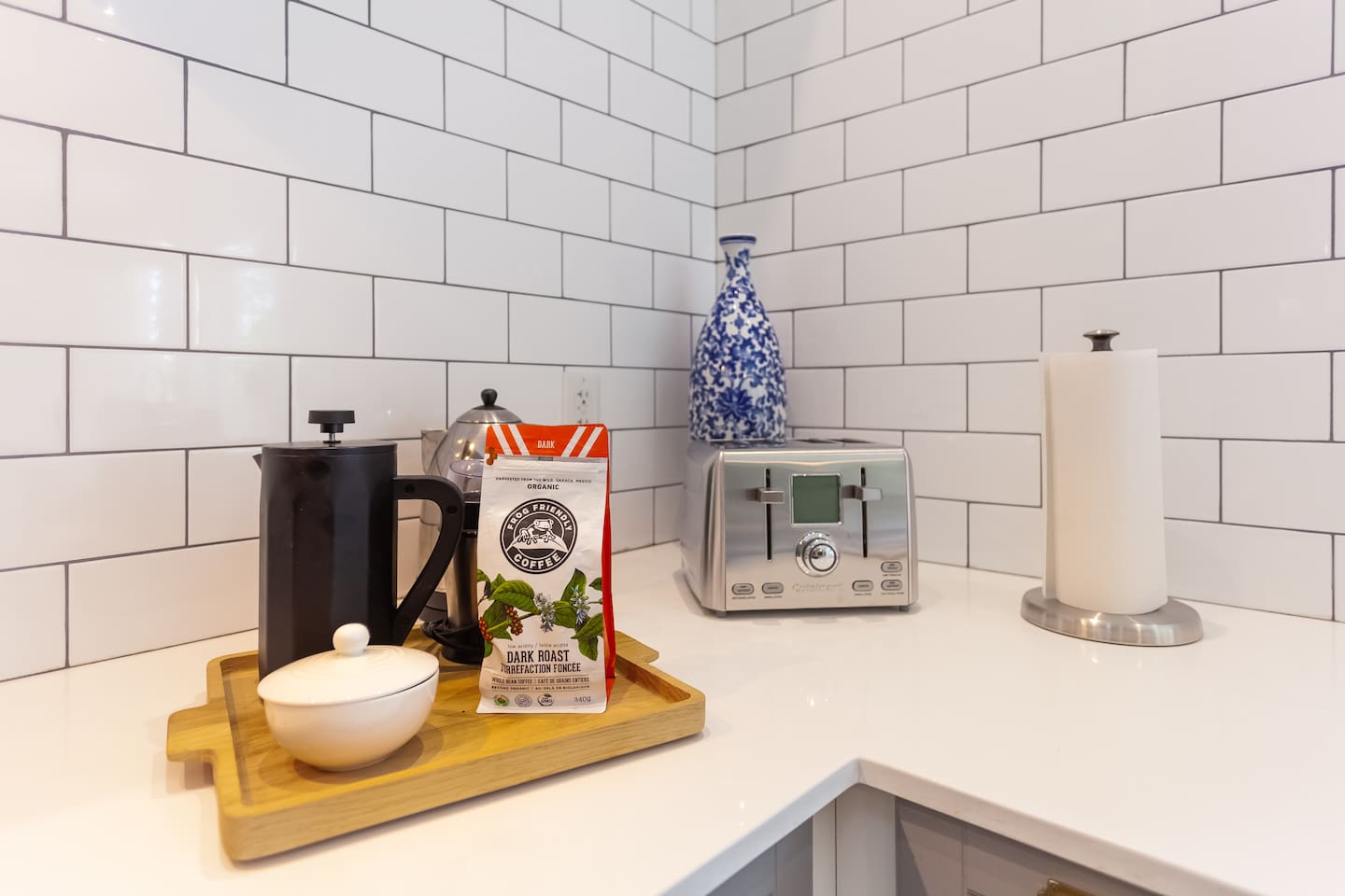 Coffee and tea station, toaster.