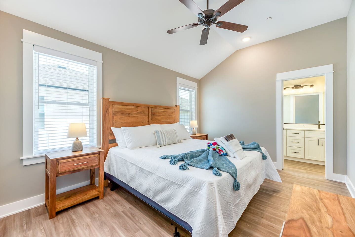 Thoughtfully designed king bedroom with access to a Jack-and-Jill bathroom.