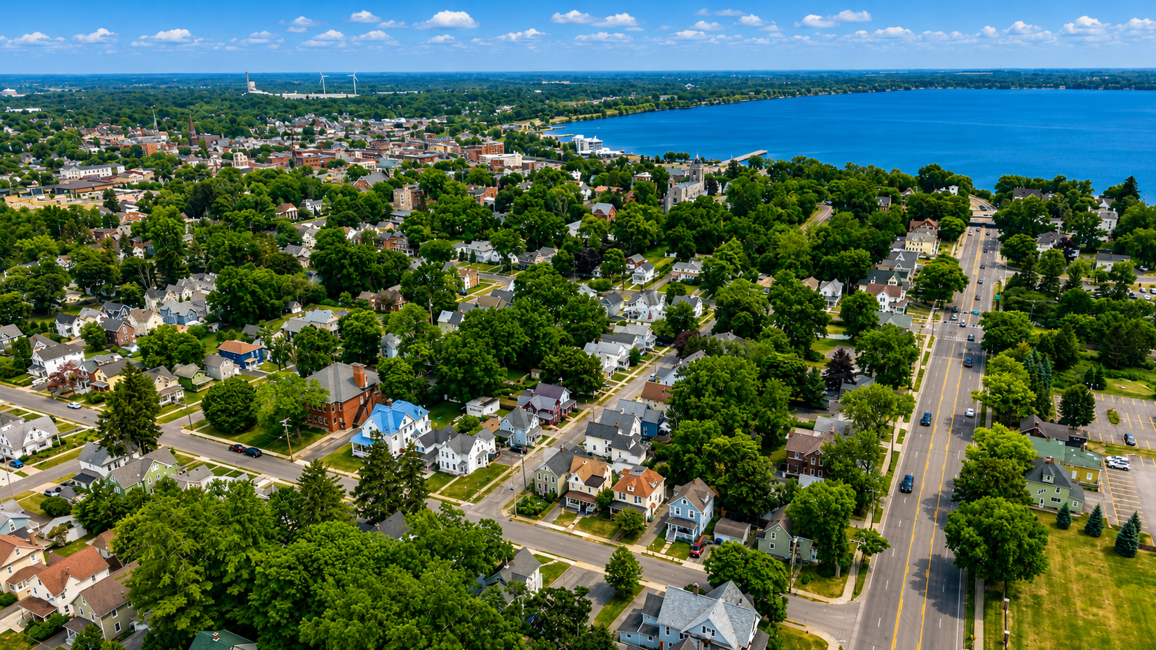 Aerial view of the neighborhood and lake