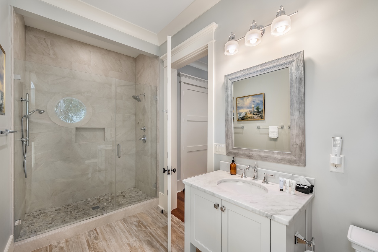Bathroom 2: Walk-In Shower Shore Thing | 4001 Palm Blvd | Isle of Palms, SC | IOP Escapes