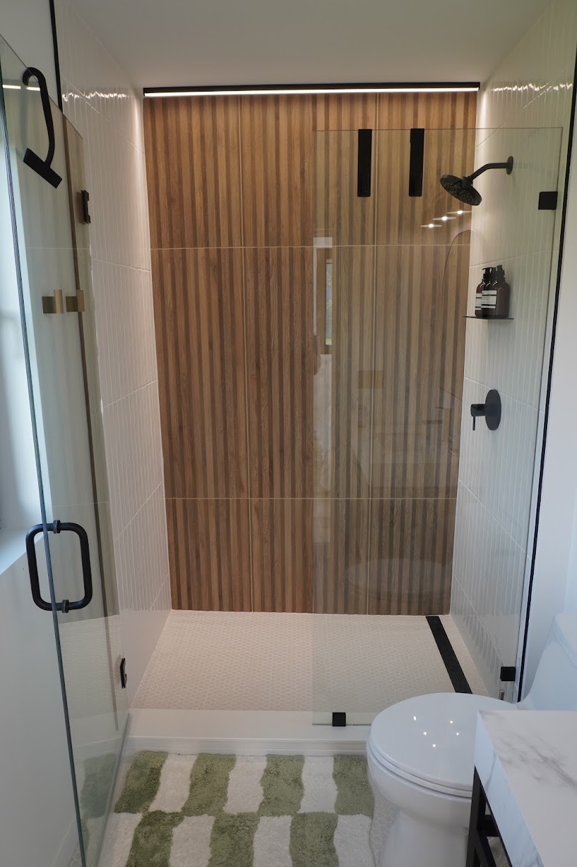 The primary bath features a large walk in shower.