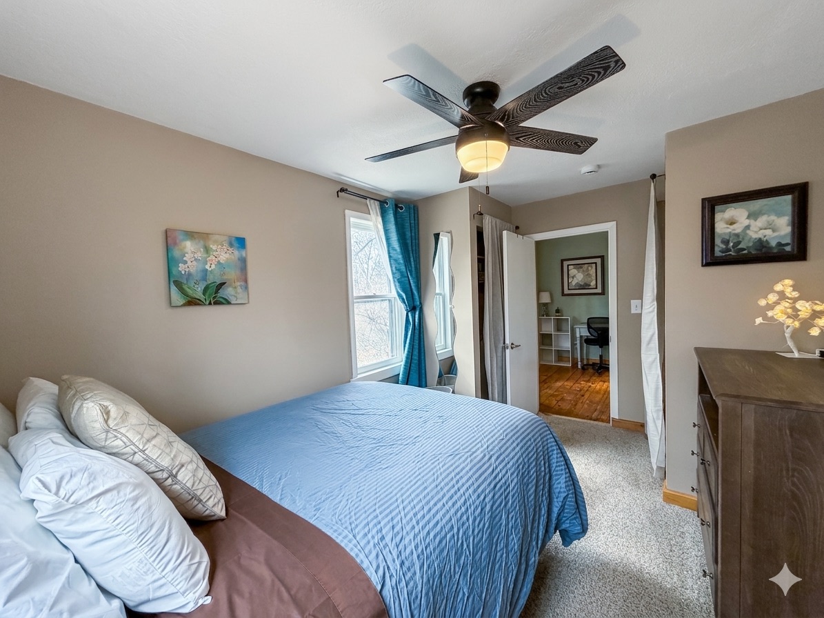 While not spacious, the room offers everything you need, including two closets and a dresser.