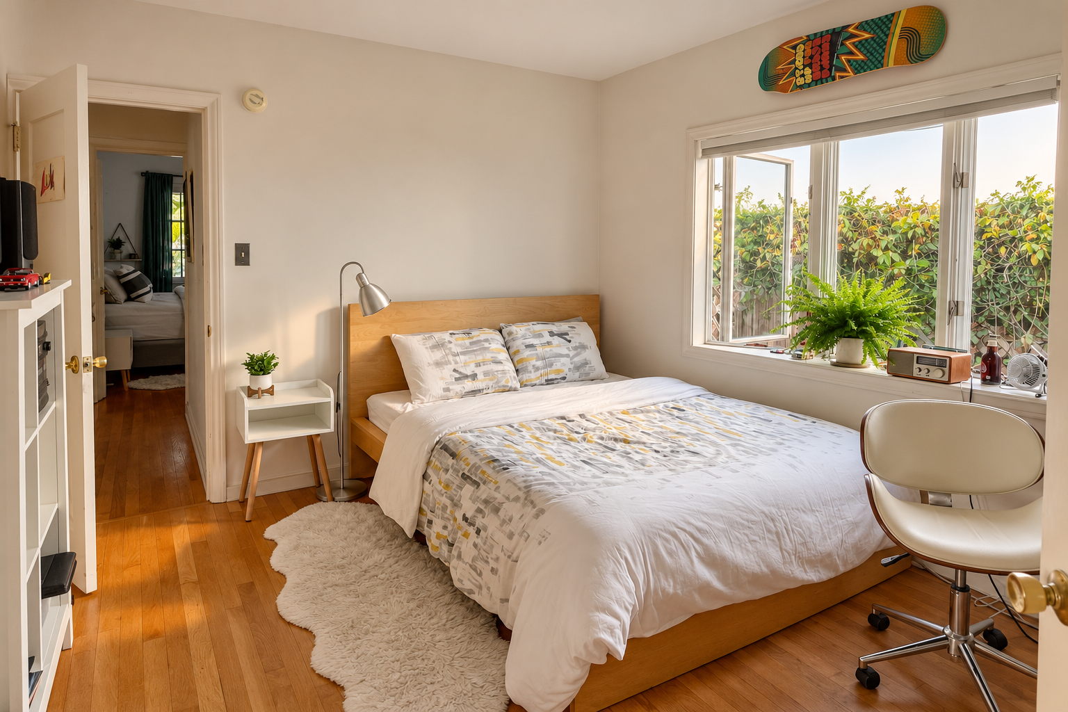 Bedroom with a leafy window view.