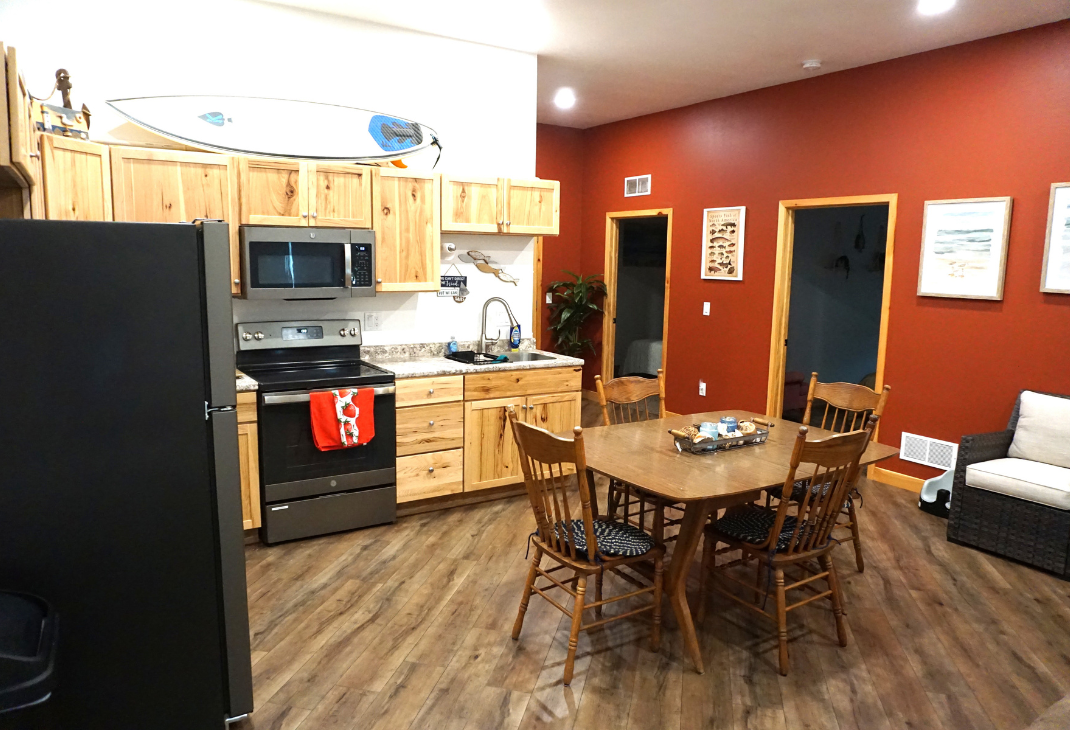 Kitchen/dining/living area=open concept. No steps