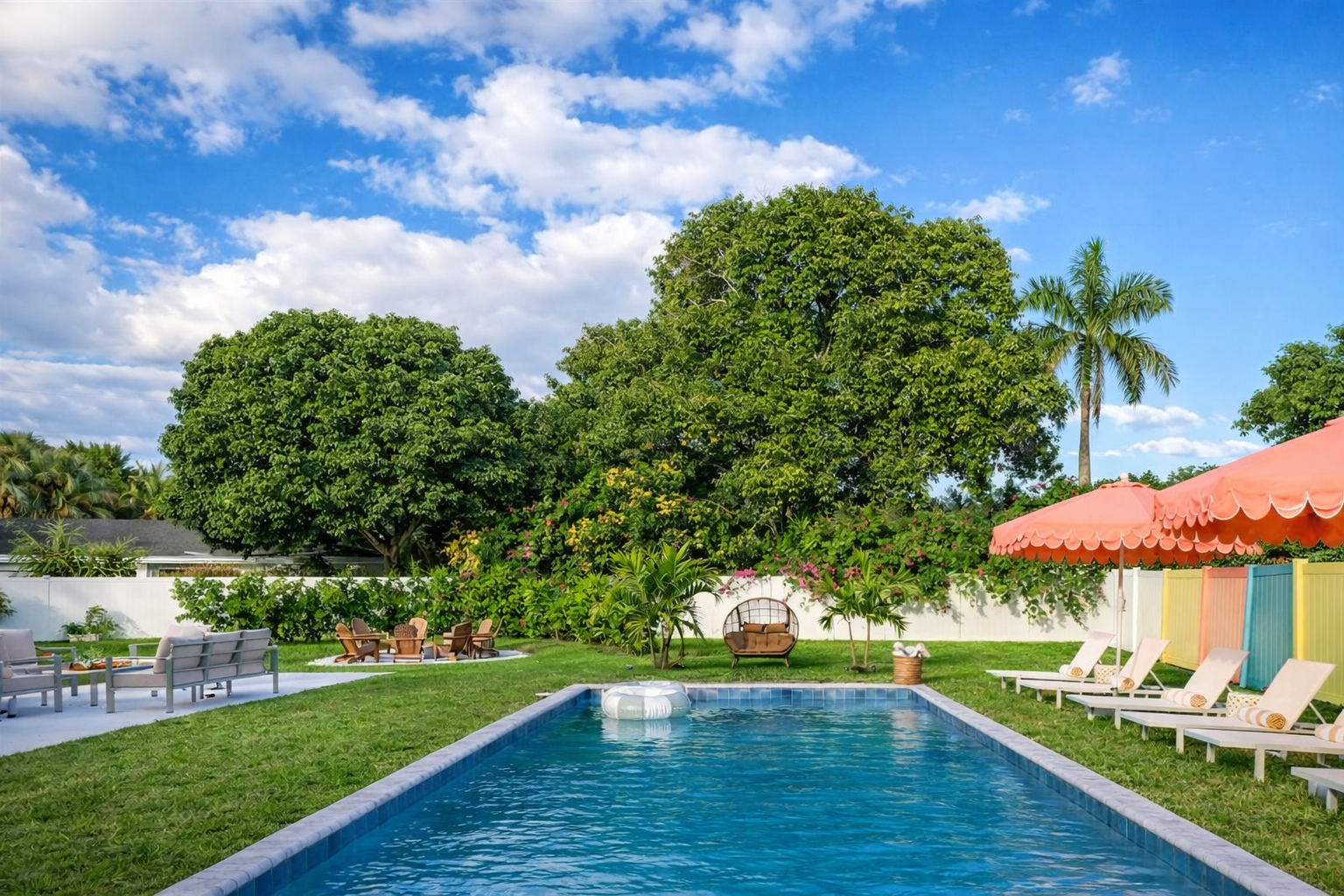 A sun-drenched Palm Beach oasis—brand-new heated saltwater pool with chic in-pool loungers, plush sunbeds, and iconic peach umbrellas, all set within a private, resort-style backyard made for long, lazy afternoons.
