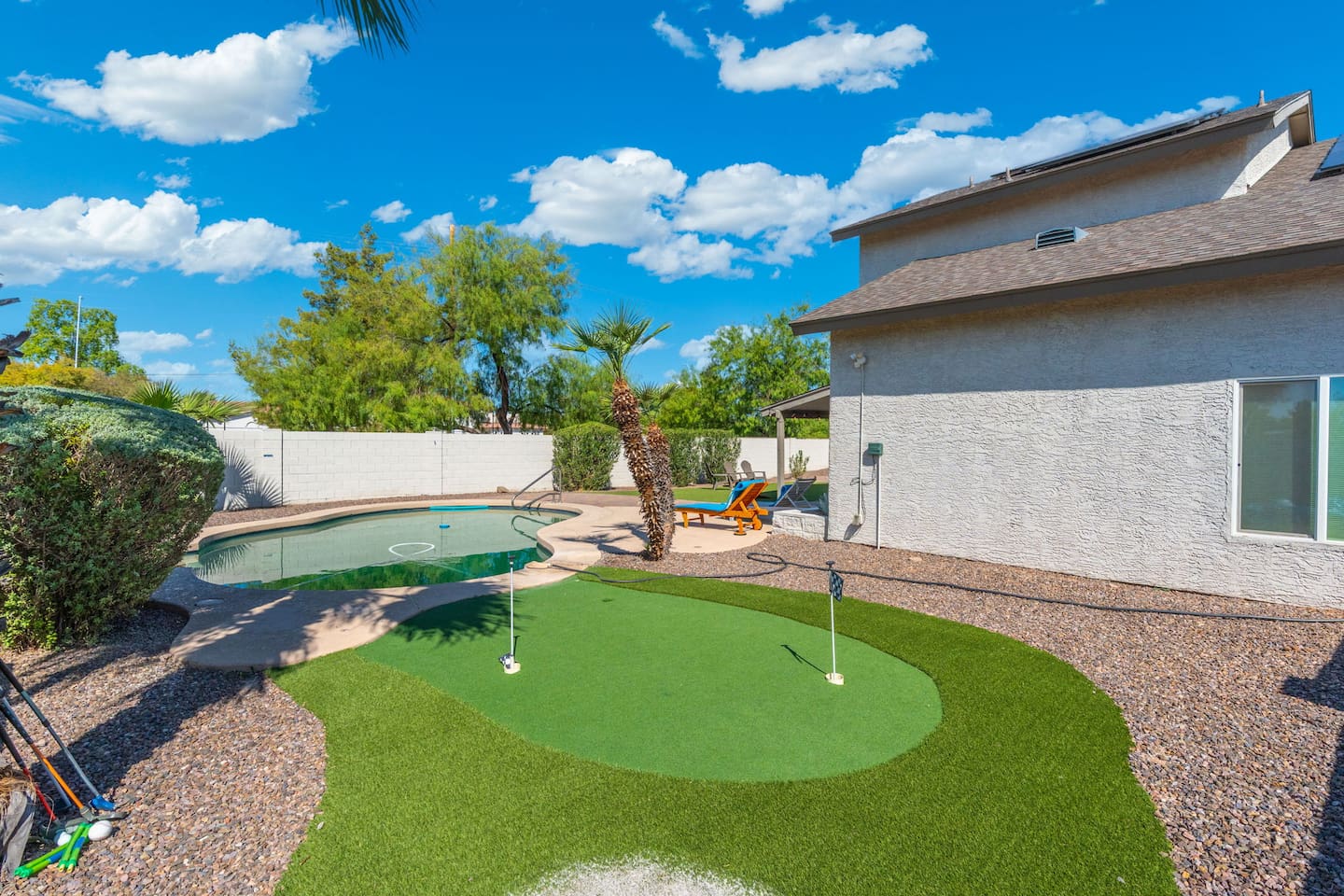 A green oasis surrounds the pool, framed by mature palms.