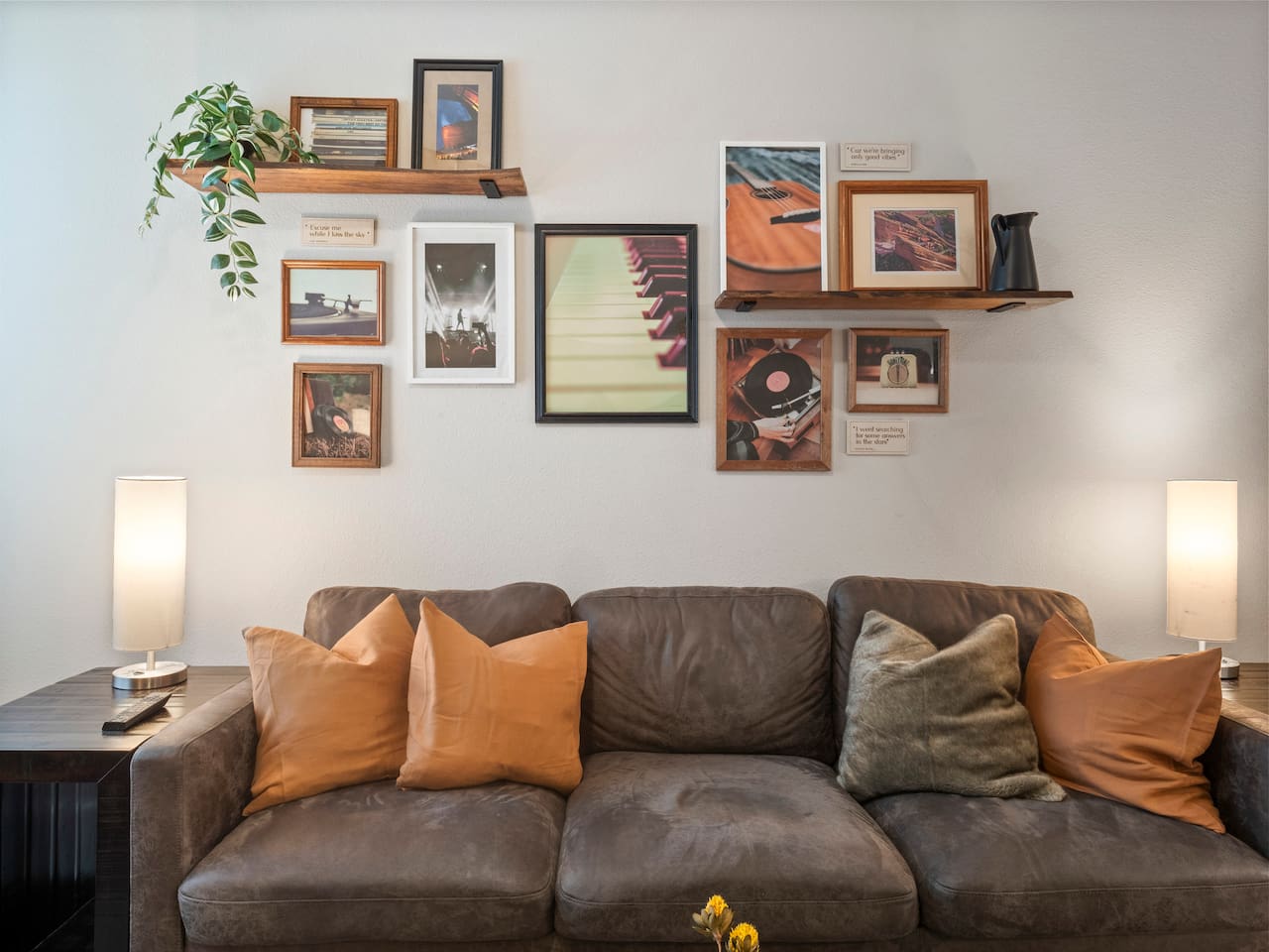 Living room with pull out couch with a Queen memory foam mattress. 