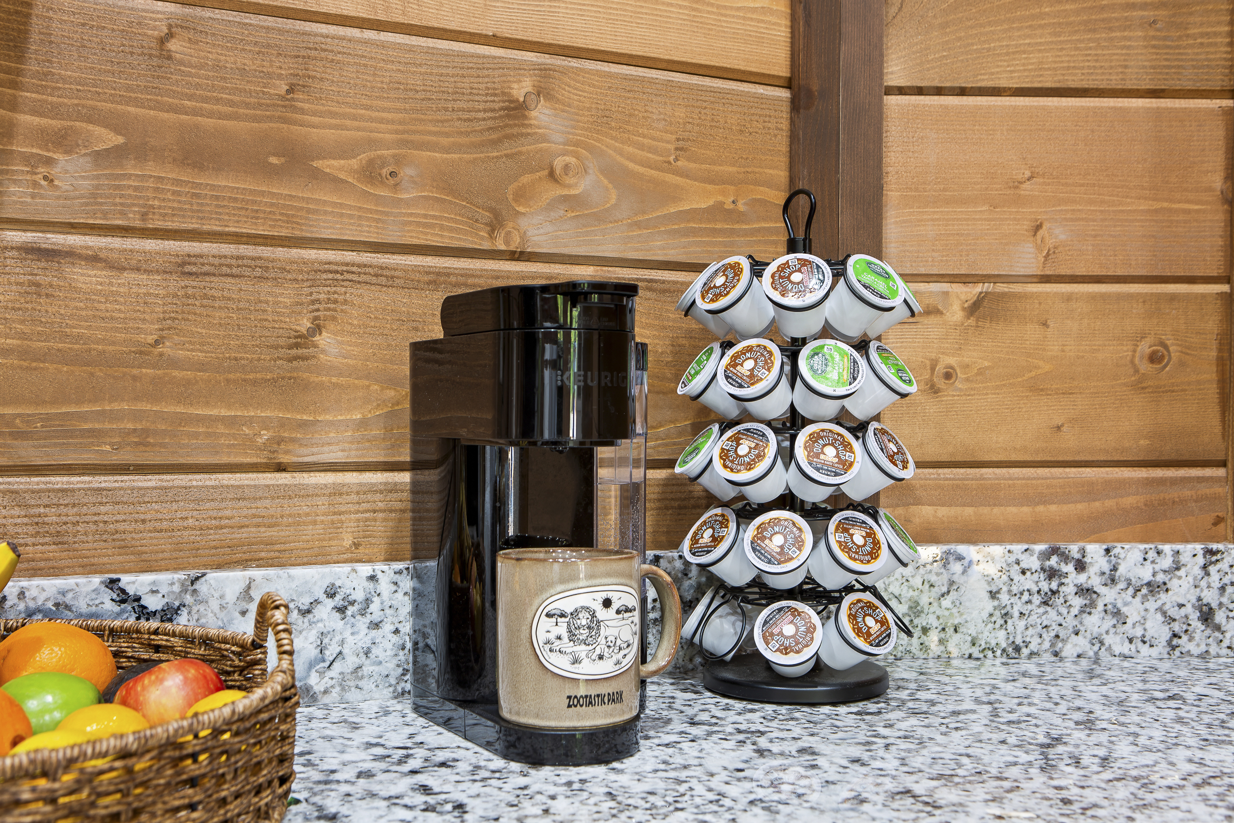Coffee Corner: Brew your favorite cup while enjoying a vibrant fruit basket and rustic charm!