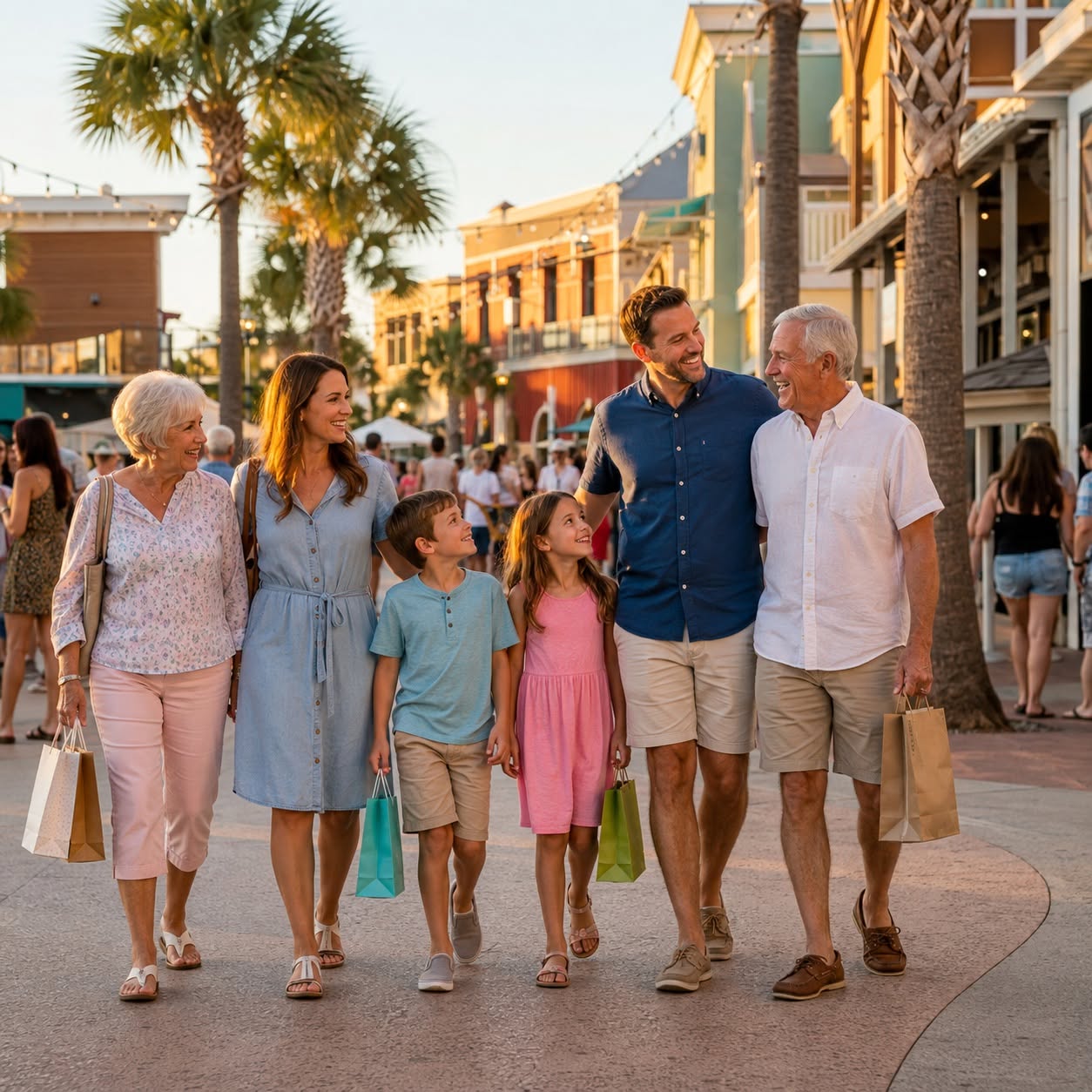 AI-created shopping and dining illustration inspired by Pier Park in Panama City Beach. Off-property outing; purchases and activities cost extra.