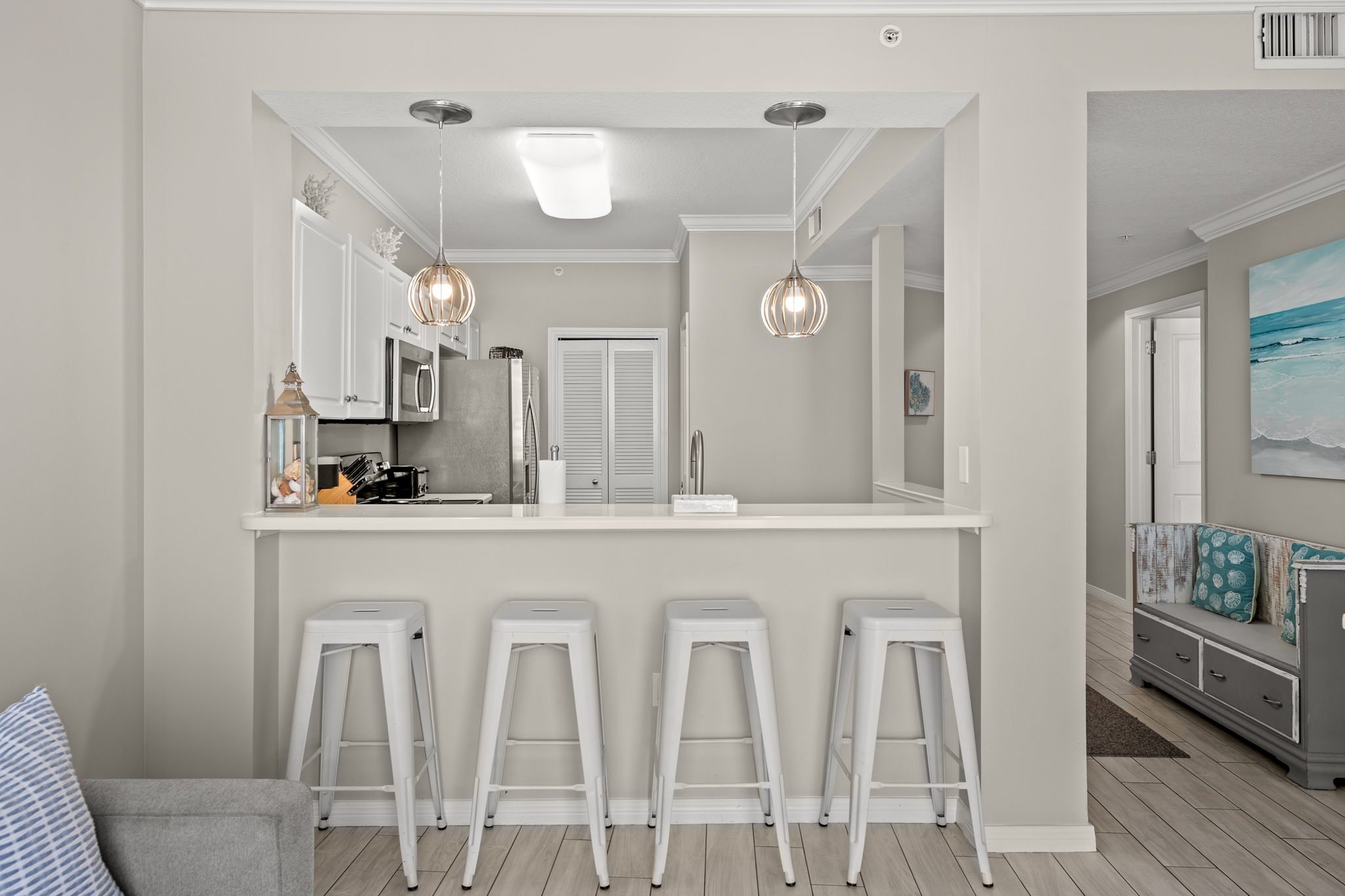 Bar seating set up for casual meals or morning coffee chats.