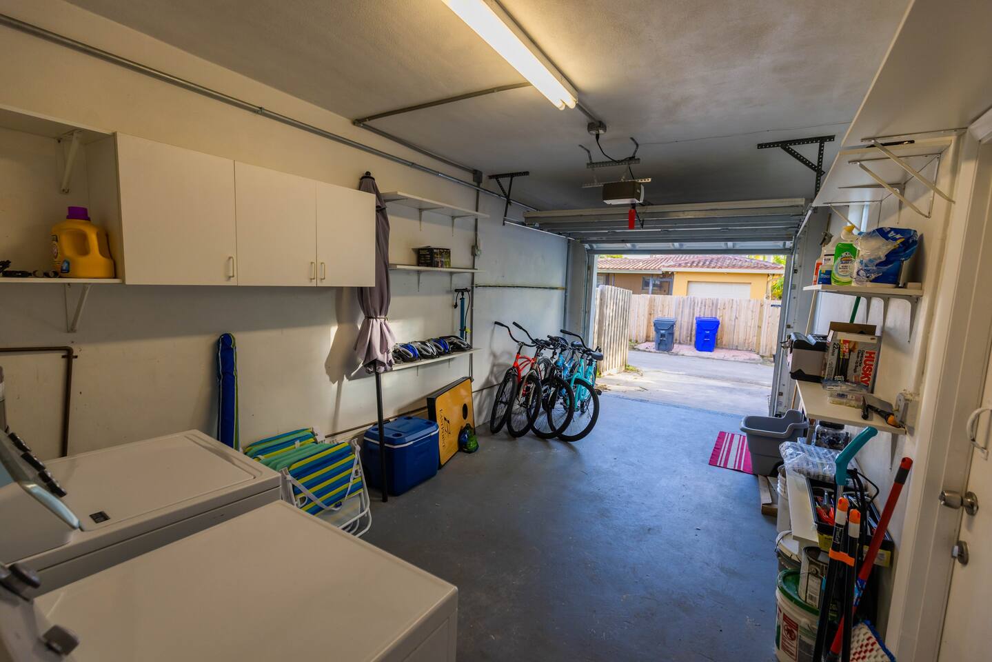 The garage houses the washer & dryer and all the detergents you need. It also has 4 new beach cruisers, helmets, bike combination locks, 6 beach chairs, beach umbrella and cooler for the beach.