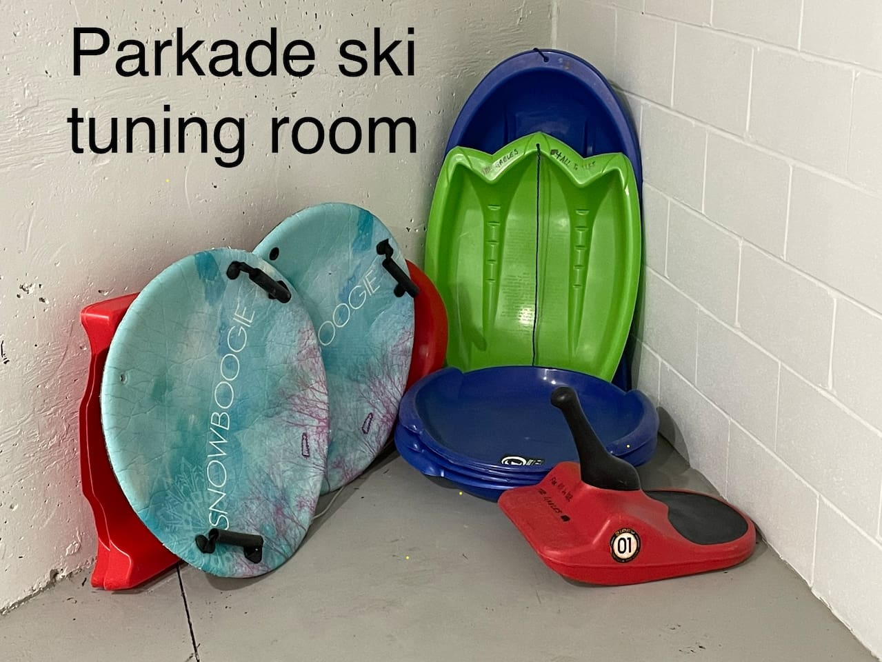Free to use sleds and boogie boards can be found in the parkade ski tuning room.  Provided garage key is required to access Ski tuning room.  