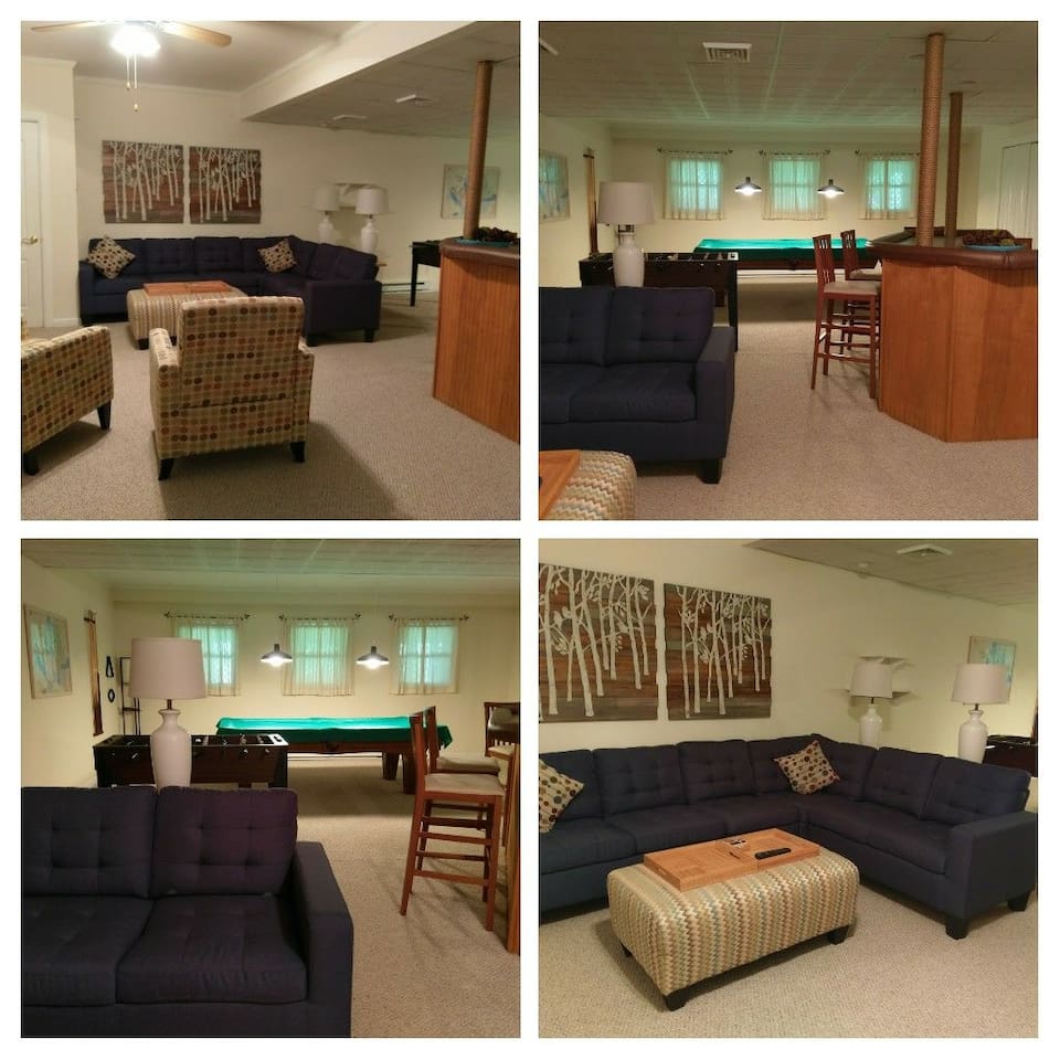 60" TV, pool table, foosball, bar.