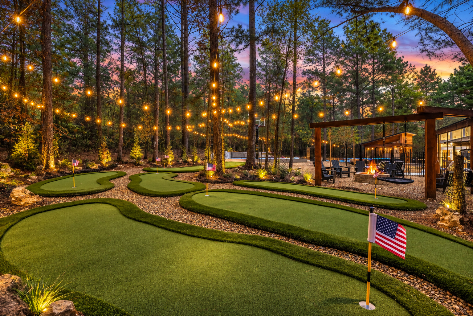 Day or night, our 6-hole glow mini golf course beneath towering pines invites you to unwind and connect. Imagine friendly competition under the stars, laughter echoing through the trees, and lasting memories made!