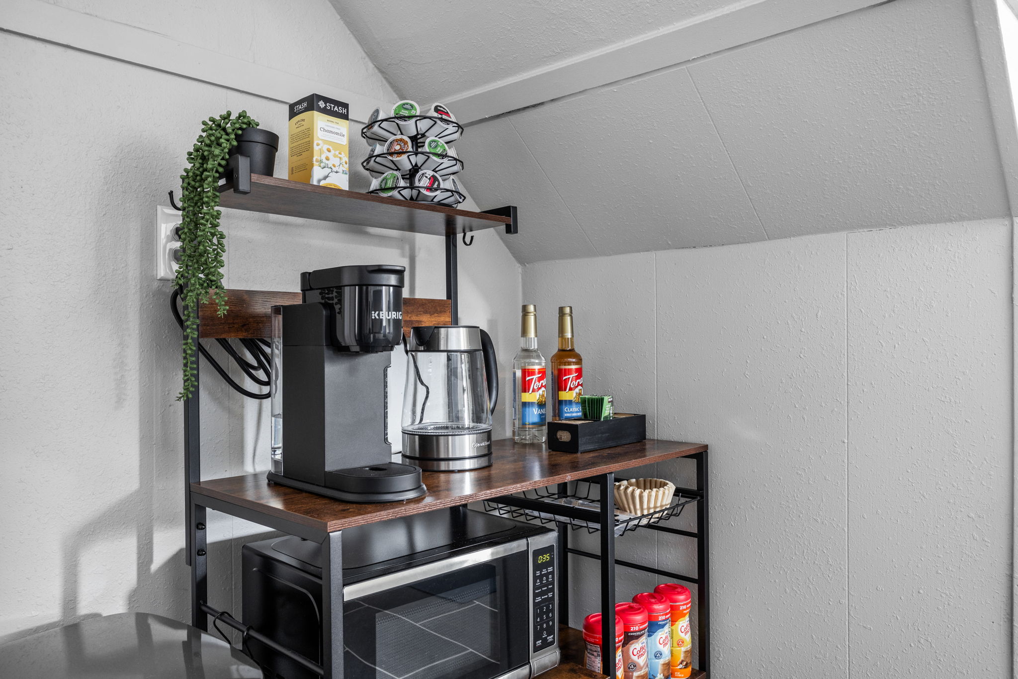 Wake up or relax with an assortment of coffee, tea and condiments.