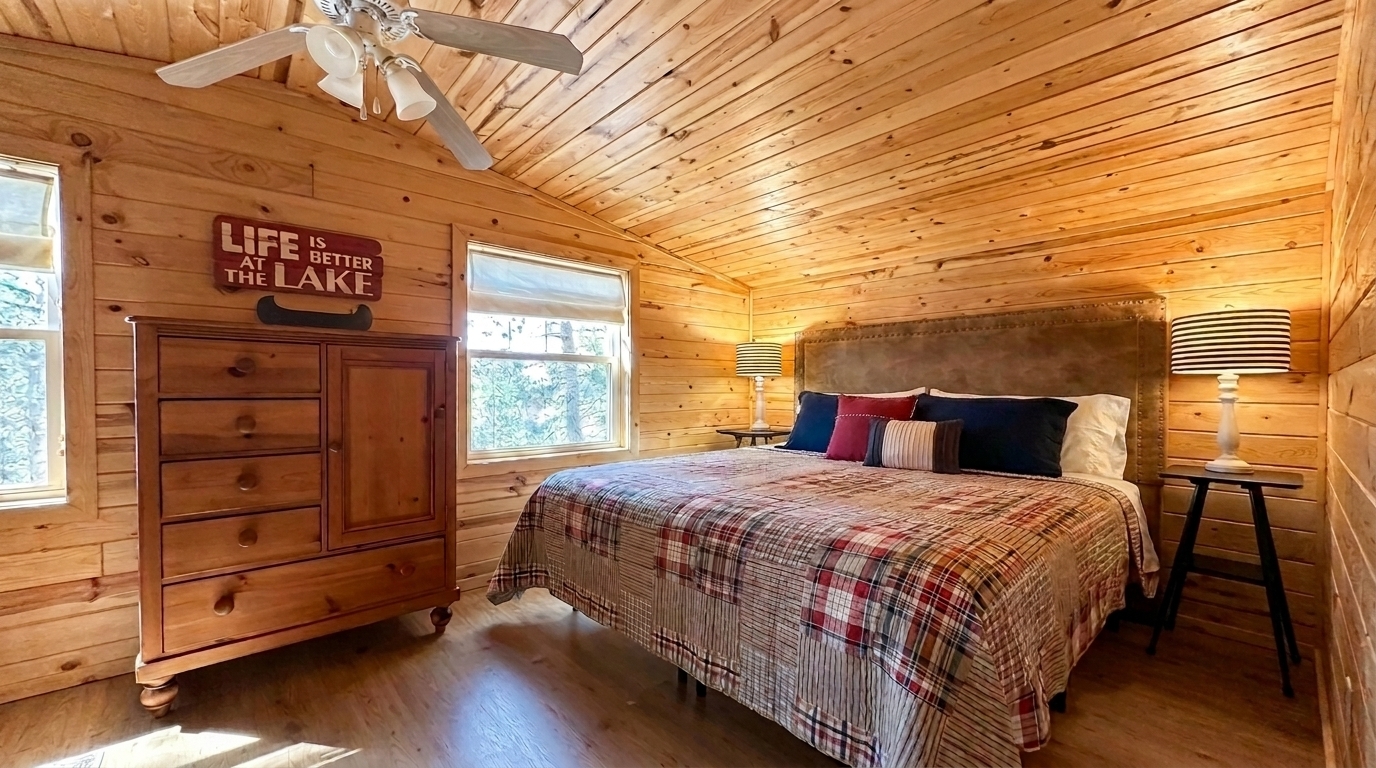 Wake up to tranquil lake views and the call of loons from the king bed in the upstairs primary bedroom - calm, cozy, and surrounded by nature. King Bed - Upper Level, Primary Bedroom 