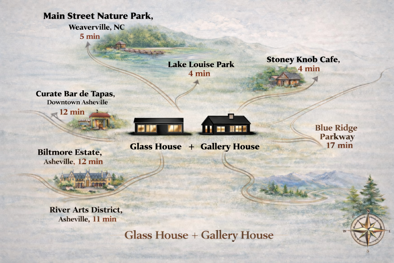 {Location} Tucked into the mountains, yet just minutes from Asheville’s best restaurants, breweries, and iconic destinations — 12 min to the Biltmore and 15 min to downtown Asheville.