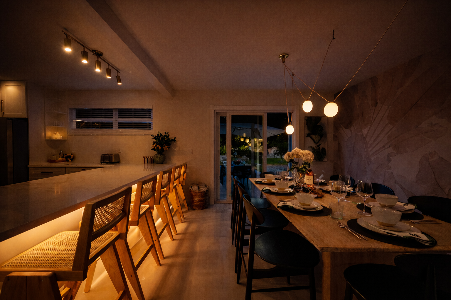 Designer dining room featuring a Gwyneth Paltrow GOOP statement light, custom wallpaper, and seating for 12. Backlit counter seating and seamless access to the patio and backyard make this space ideal for family meals and entertaining.